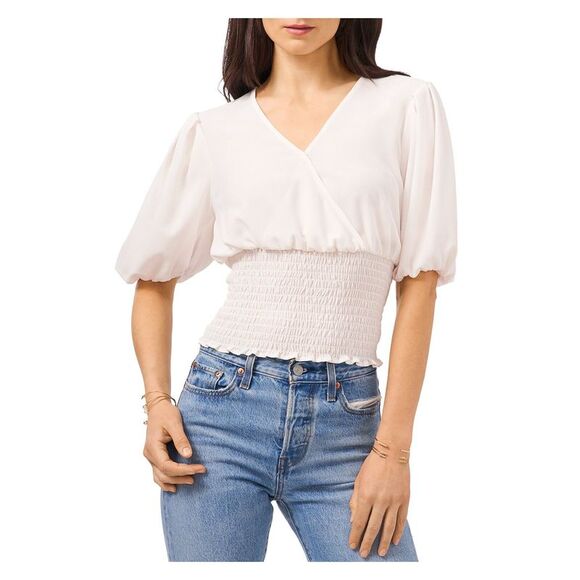 1. STATE Womens Ivory Stretch Smocked Pouf Sleeve Surplice Neckline Top S - Picture 3 of 3
